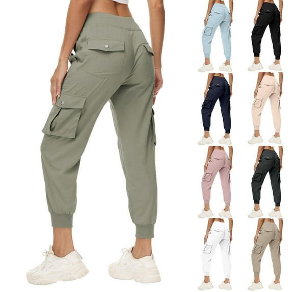 QATAINLAV Women's Cargo Hiking Pants Quick Dry Lightweight Elastic Waist Button Pockets Joggers Travel Casual Athletic Sweatpants White L Summer Savings