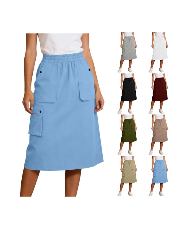 Women's Cargo Midi Skirt Elastic High Waist Workwear Skirts with Multi-Pockets Outdoor Solid Color Casual Loose A-Line Skirt Khaki L