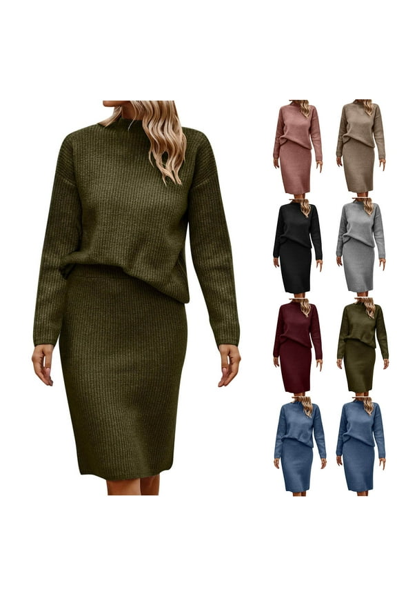Women's Casual 2 Piece Outfits Ribbed Knit Long Sleeve Mock Neck Pullover Sweater and Bodycon Skirt Matching Sets Lightning Sales Gray L