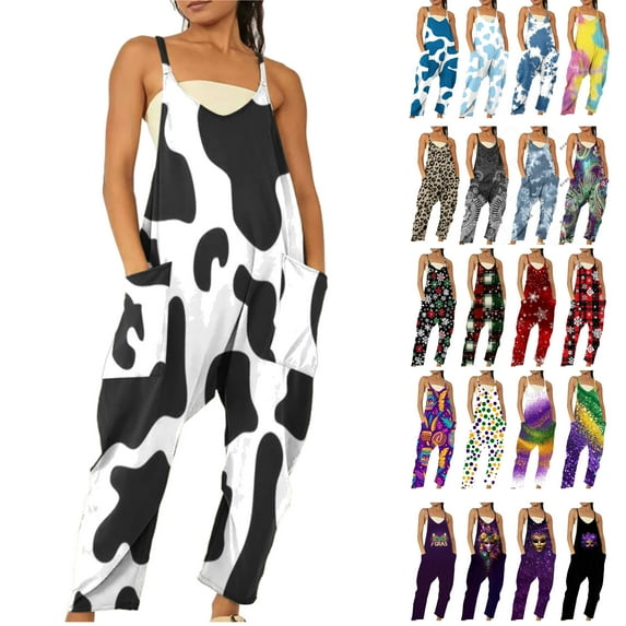 QATAINLAV Women's Casual Baggy Jumpsuit with Pockets 2025 Fashion Floral Print Overalls Long Trousers Sleeveless Sling Playsuit One Piece Pants Ofertas Flash Black L