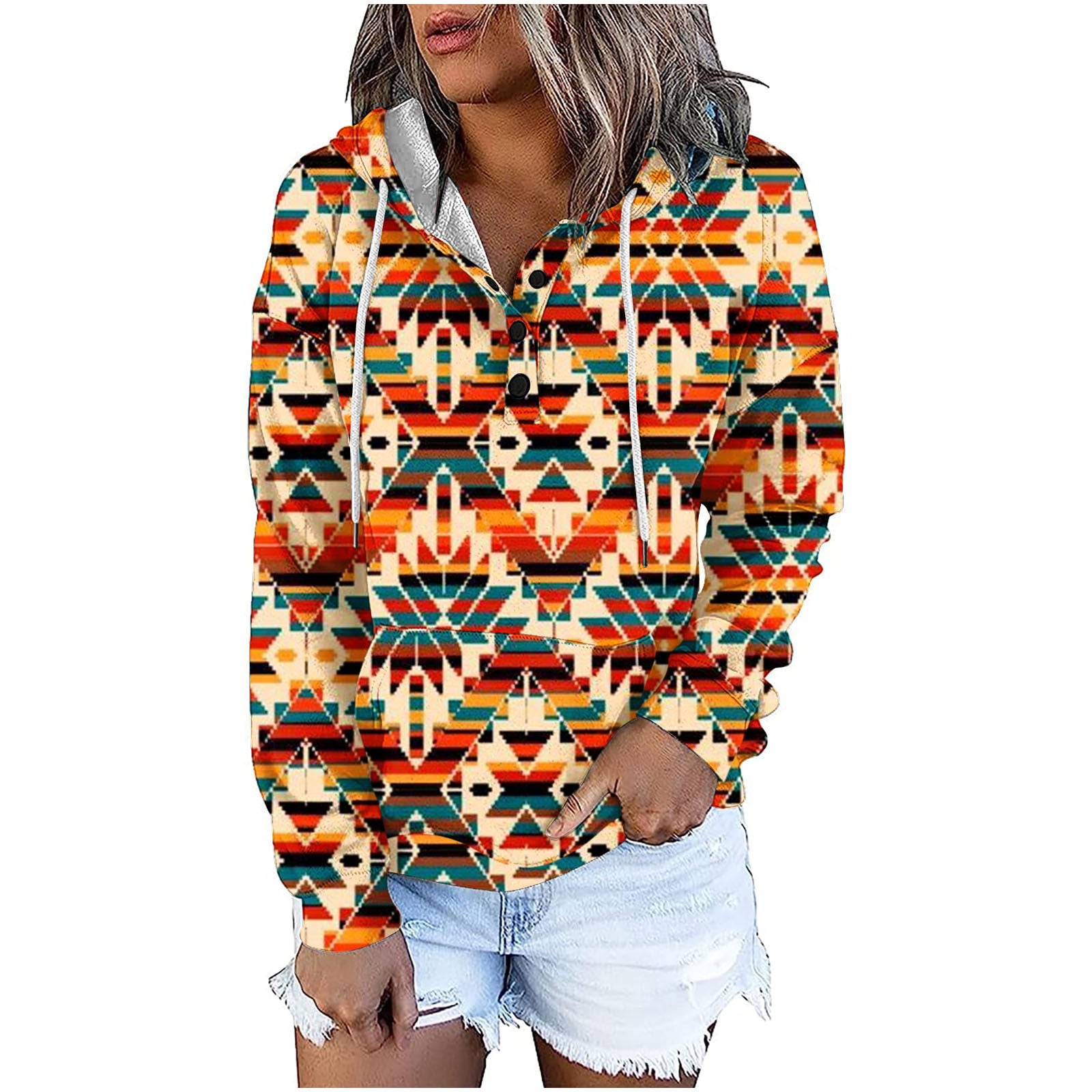 QATAINLAV Women s Casual Button Down Hoodies Vintage Ethnic Print Long Sleeve Shirts Outdoor Drawstring Hooded Pullover Sweatshirts with Pockets Daily Deals of the Day Green XL Walmart