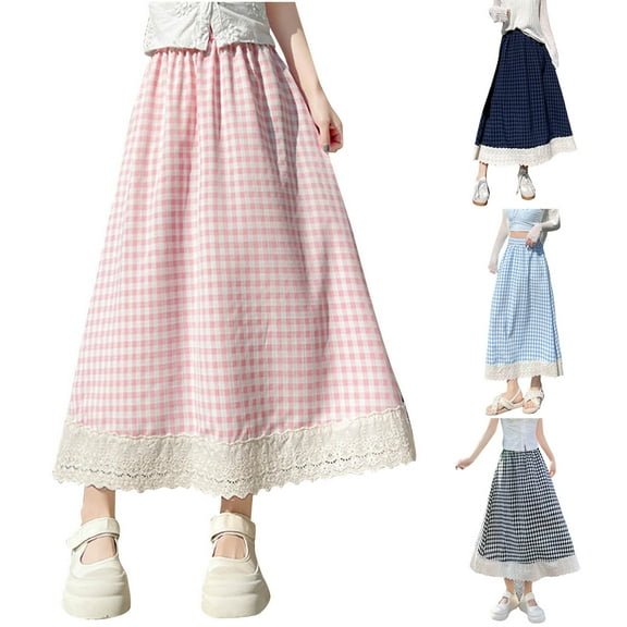 QATAINLAV Women's Casual Elastic Waist Plaid Long Skirts Loose A Line Vacation Skirt Lace Patchwork Ruffle Cute Midi Skirts, Black, M, Birthday Gifts