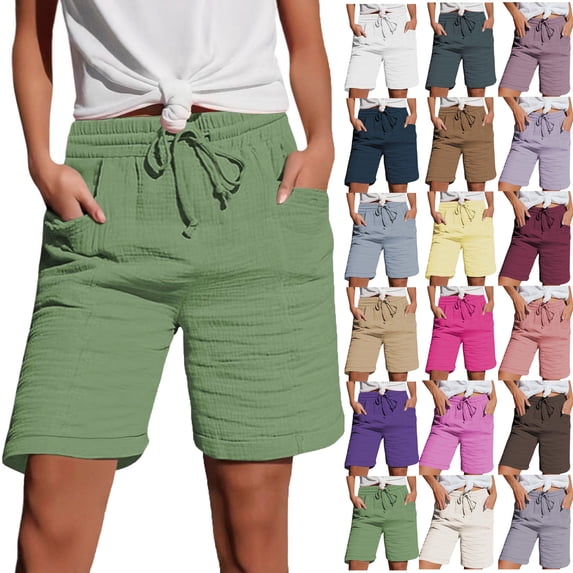 QATAINLAV Women's Casual Lightweight Linen Shorts with Pockets Drawstring Mid Rise Straight Leg Beach Shorts Yellow M