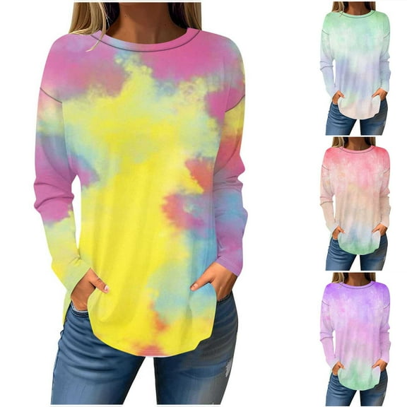 QATAINLAV Women's Casual Long Sleeve Shirts Crew Neck Hem Loose T-Shirts Tie Dye Prints Tunic Tops Going Out Clothes Streetwear Green 4XL
