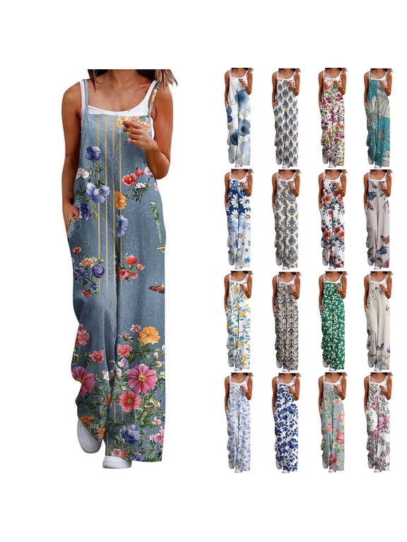 Women's Casual Loose Jumpsuits Summer Boho Print Wide Leg Rompers Sleeveless One Piece Pants Overalls with Pockets Vacation Beach Outfits Multicolor XL Prime Sales Today Clearance