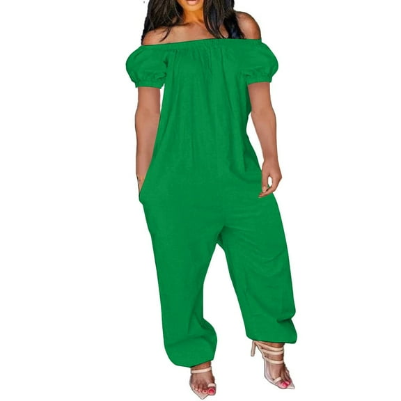 QATAINLAV Women's Casual Loose Linen Overalls Jumpsuits Wide Leg Short Sleeve Off Shoulder Rompers Solid Color Long Pant Jumpsuit with Pockets 2024, Army Green, XL