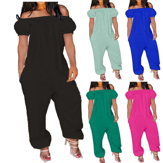 QATAINLAV Women's Casual Loose Linen Overalls Jumpsuits Wide Leg Short Sleeve Off Shoulder Rompers Solid Color Long Pant Jumpsuit with Pockets 2024, Green, 3XL