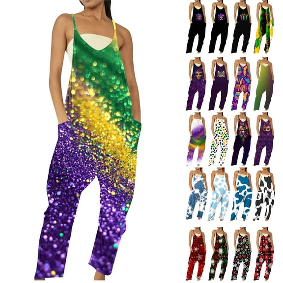 QATAINLAV Women's Casual Loose Sleeveless Jumpsuits Summer Casual Spaghetti Strap V Neck Jumper Pants Trendy Stripe Print Overalls with Pockets Black XL
