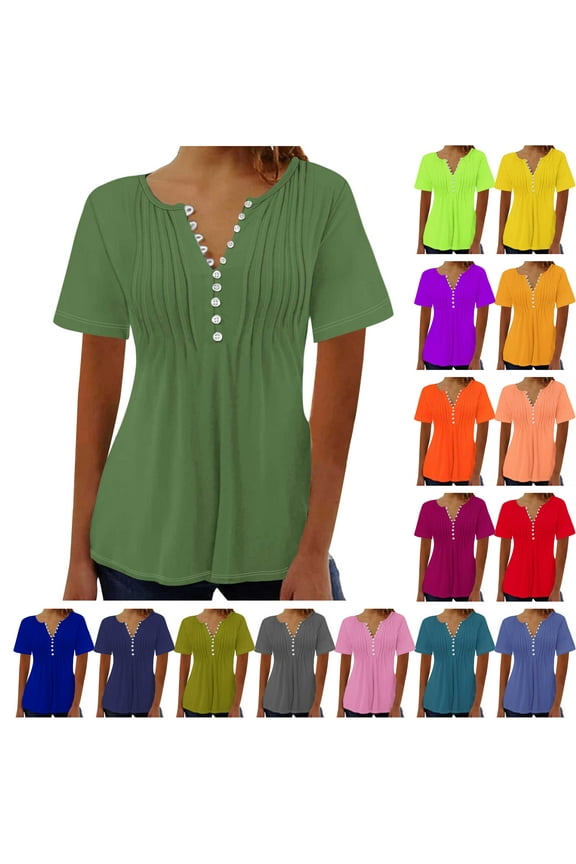 Women's Casual Peplum Tops Button Down V Neck Short Sleeve Tunic Shirts Loose Fit Summer Shirts Solid Casual Pleated Blouses Army Green S Prime Today