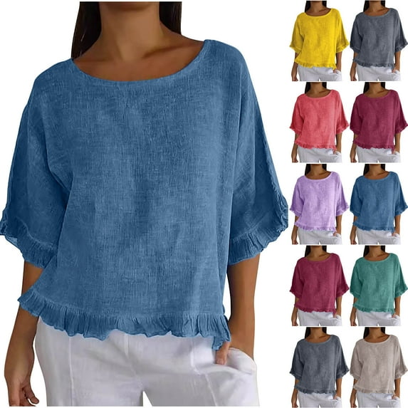 QATAINLAV Women's Casual Ruffle Short Sleeve Blouses Summer Cotton Linen Beach Tops Loose Fit Ruffled Hem Shirts Holiday Beach Outfits Yellow XXL Prime Sales of The Day