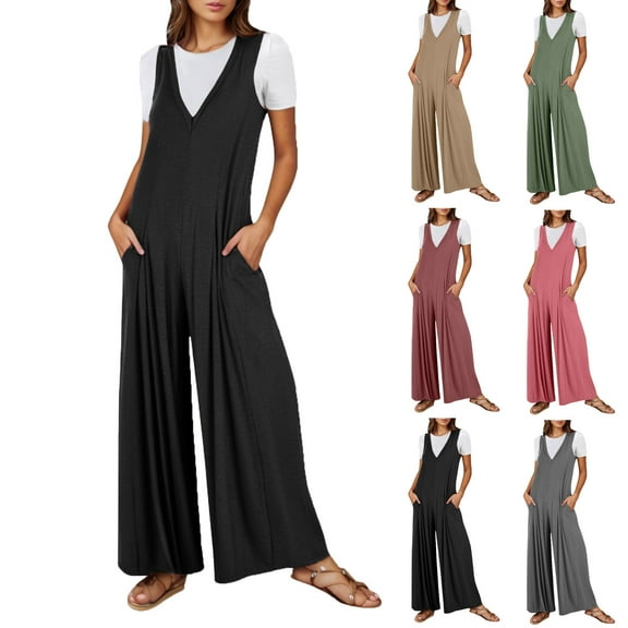 QATAINLAV Women's Casual Summer Loose Jumpsuits Flowy Wide Leg Jumper Pants Baggy V Neck Tank Rompers with Pockets Khaki XXL