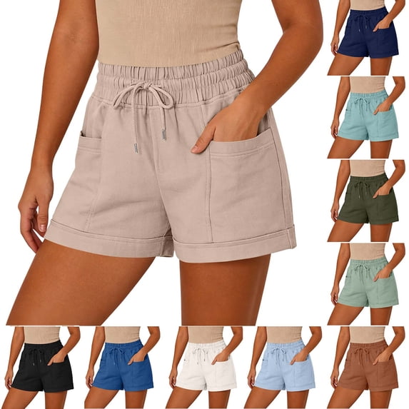 QATAINLAV Women's Casual Summer Shorts Drawstring High Waisted Bermuda Shorts Comfy Pull On Shorts with Pockets 4" Light Blue L