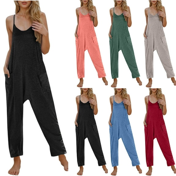 QATAINLAV Women's Casual V Neck Spaghetti Straps Jumpsuit Summer Sleeveles Baggy Cotton Overalls Solid Color Wide Leg One Piece Pants with Pockets Gray S Prime Sales Today