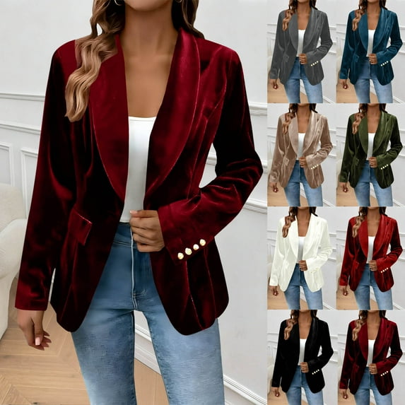 QATAINLAV Women's Casual Velvet Blazer Open Front Notched Lapel Suit Jacket Solid Color Long Sleeve Cardigans Work Tops, Gray, L