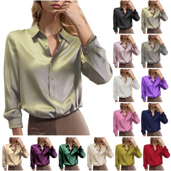 QATAINLAV Women's Collar Satin Dress Shirts Long Sleeve Button Down Tees Shirt Work Office Business Wrinkle Free Tunic Tops, Yellow, XXXL
