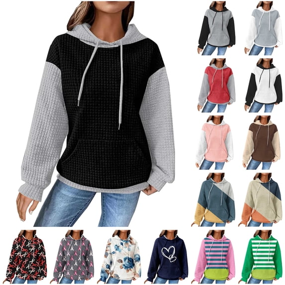 QATAINLAV Women's Colorblock Hooded Sweatshirt Waffle Knit Drawstring Hoodies Casual Long Sleeve Pullover with Pocket Streetwear Back to College Colthes, Purple, XXL