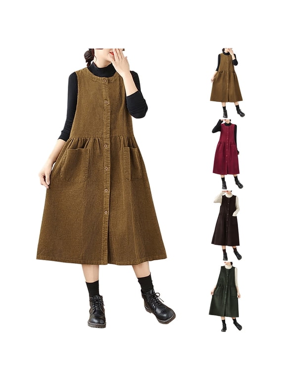 Women's Corduroy Button Down Tank Dress Casual Crewneck Sleeveless Pinafore Dresses Over Knee Long Overall Dress with Pockets Army Green M Ofertas Flash Del Dia