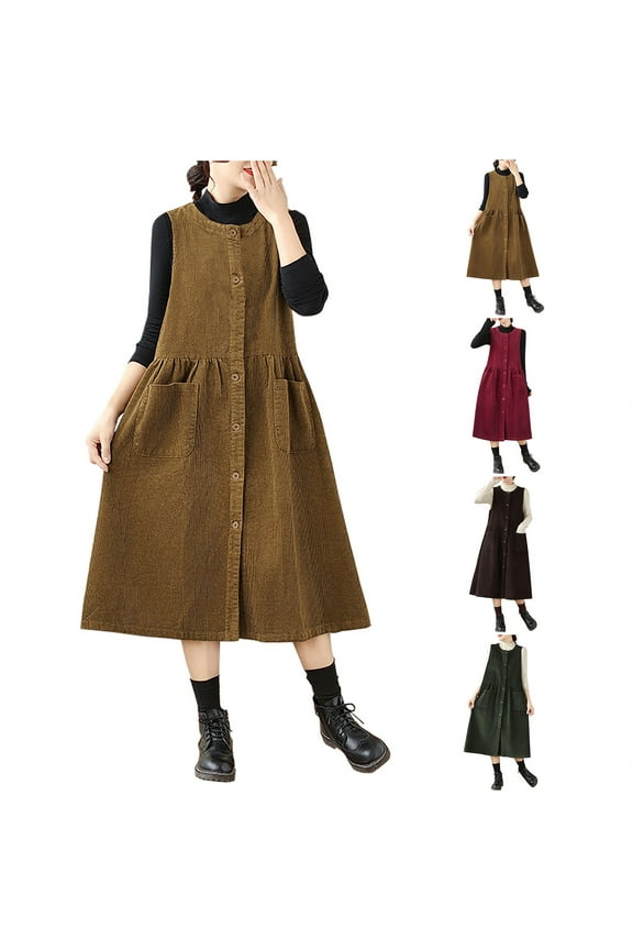 Women's Corduroy Button Down Tank Dress Casual Crewneck Sleeveless Pinafore Dresses Over Knee Long Overall Dress with Pockets Army Green XXXL Lightning Sale
