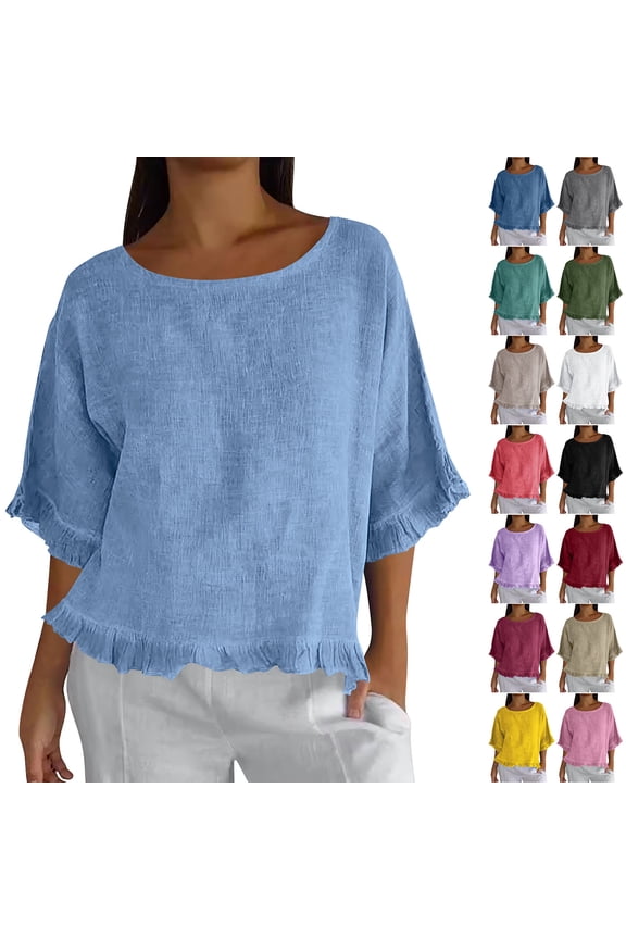Women's Cotton Linen Blouse Ruffle Pleated Hem Tops Loose Casual 3/4 Sleeve Round Neck Basic Tee Shirts Watermelon Red S