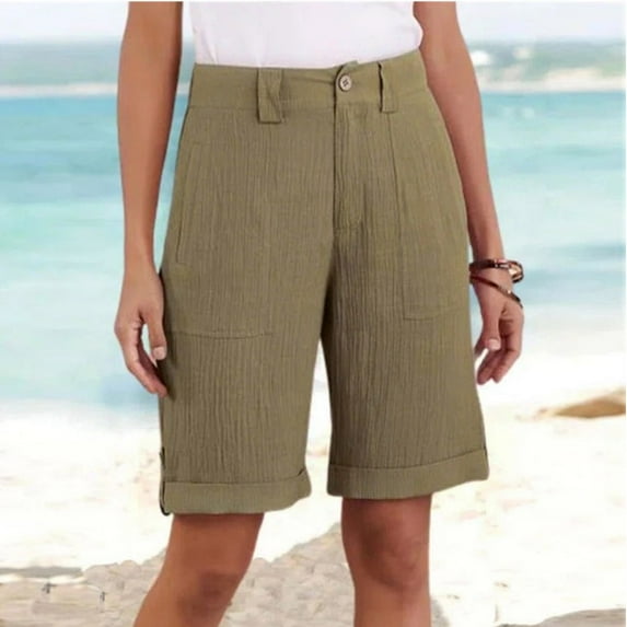 QATAINLAV Women's Cotton Linen Button Beach Shorts with Pockets Solid Color Casual Elastic Waist Work Shorts Knee Length Wide Leg Bermuda Shorts Khaki XXL Dollar Sales