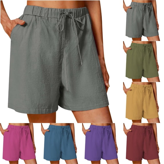 QATAINLAV Women's Cotton Linen Shorts Loose Wide Leg Bermuda Shorts Solid Color Drawstring Elastic Waist Lounge Shorts with Pockets 90% off Clearance Sale Dark Gray M