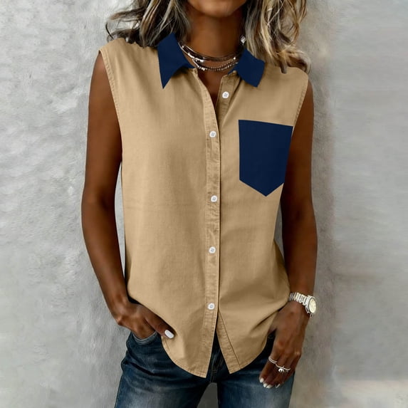 QATAINLAV Women's Cotton Linen Tank Tops Casual Button Down Sleeveless Shirts Business Office Formal Work Blouse with Chest Pocket Khaki L