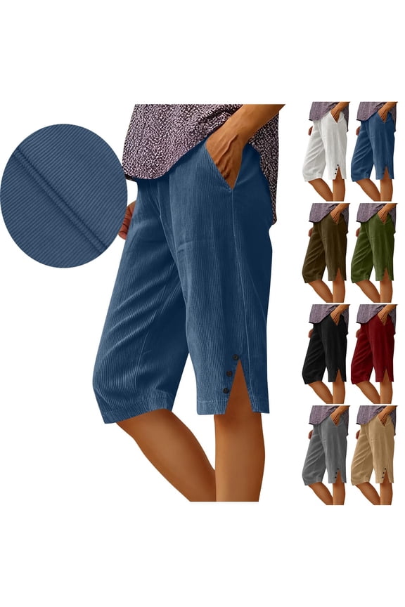 Women's Cropped Corduroy Pants Casual Elastic Waist Straight Leg Capris Solid Color Side Slits Bermuda Shorts with Pockets, Black, XXL