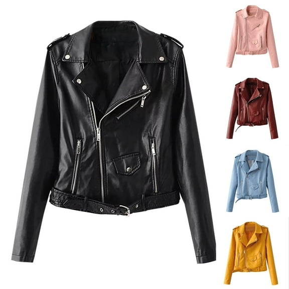 QATAINLAV Women's Cropped Slim Fit Moto Coat Blazer Collar Vintage Faux Leather Jacket Fall Winter Long Sleeve Zip Up Outerwear, Black, L