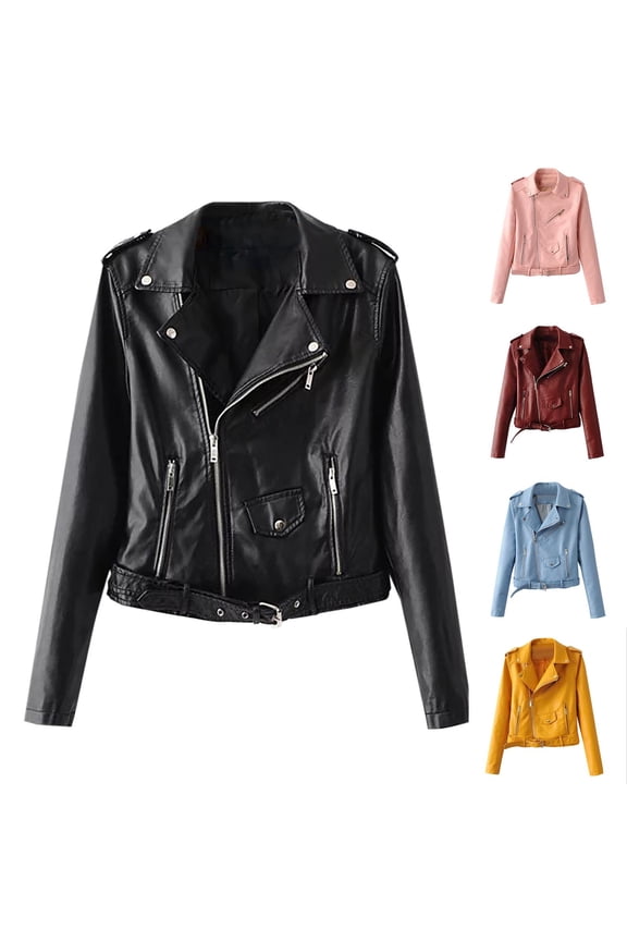 Women's Cropped Slim Fit Moto Coat Blazer Collar Vintage Faux Leather Jacket Fall Winter Long Sleeve Zip Up Outerwear Black S