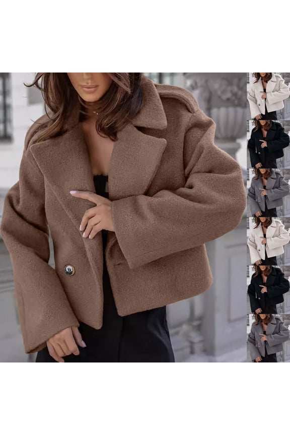 Women's Cropped Wool Coats Notched Lapel Button Pea Coat Casual Open Front Short Trench Overcoat Jackets Outerwear, White, L