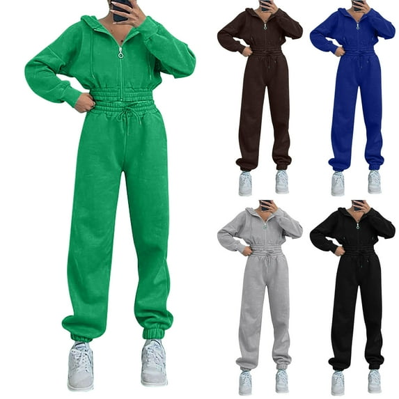 QATAINLAV Women's Cropped Zip up Hoodie Jackets and Elastic Bottoms Joggers Fleece 2 Piece Outfits Fall Long Sleeve Jogger Sets, Green, S,