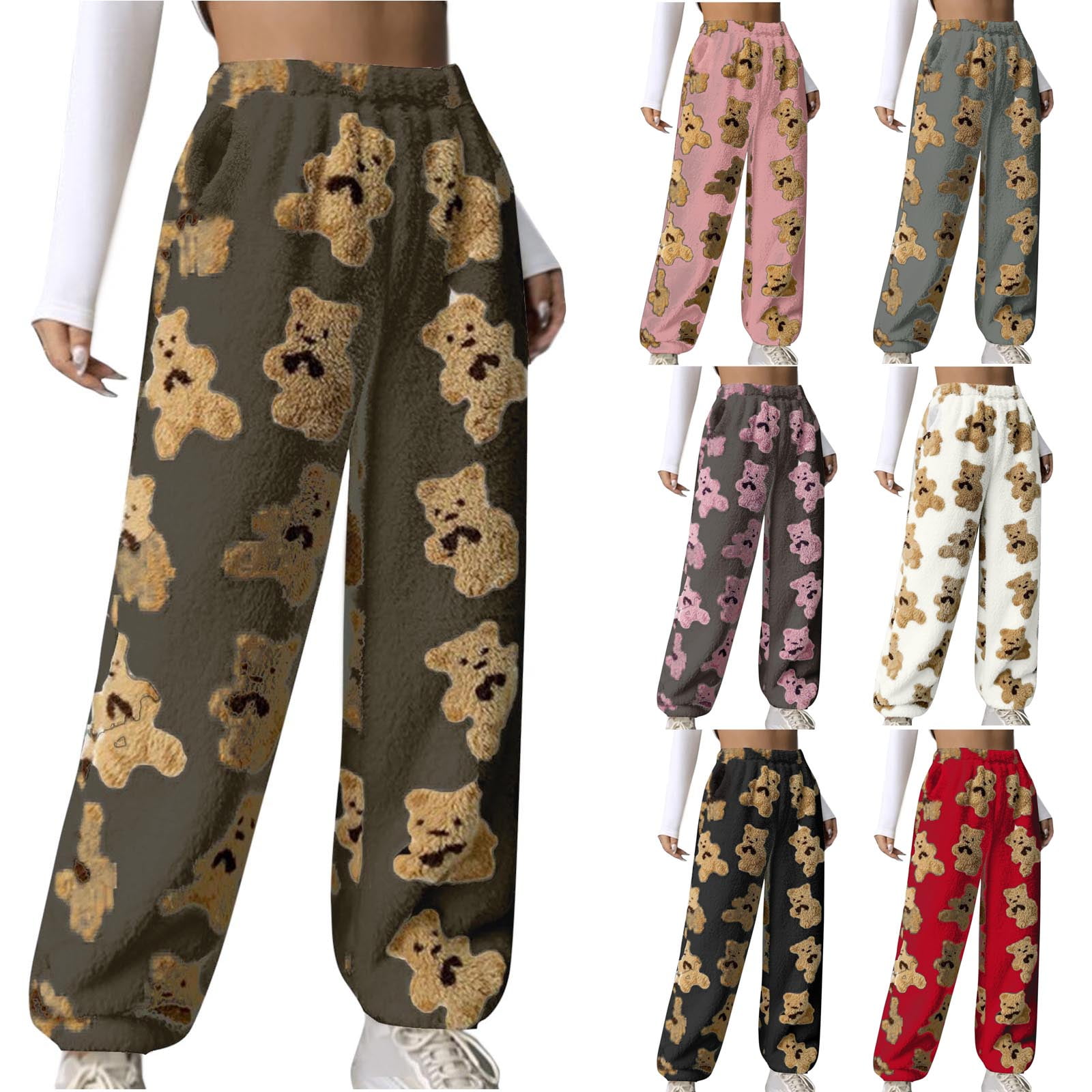 【HI FI FNK】Bear Fleece Pocket Pants QATAINLAV Women's Cute Bear Plush Pajama Pants Soft Fluffy
