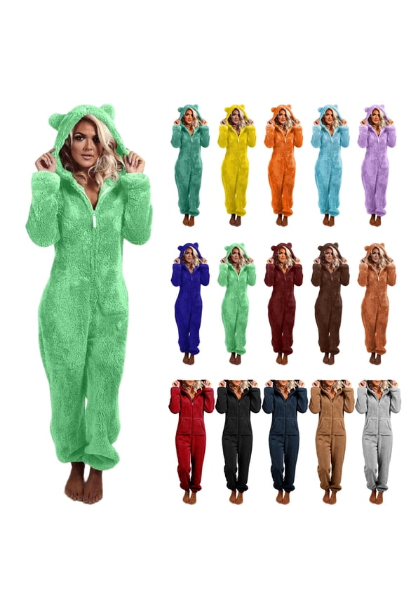 Women's Cute Ear Hooded Fleece Jumpsuit Winter Warm Plush One Piece Pajamas Solid Color Zipper Sleepwear, Mint Green, L