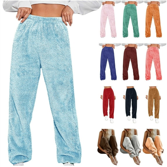 QATAINLAV Women's Cute Plush Pajama Pants Soft Fluffy Fleece Warm Lounge Pants Solid Elastic Waist Sweatpant Casual Bound Ankle Trousers Ofertas Flash Del Dia Sky Blue L