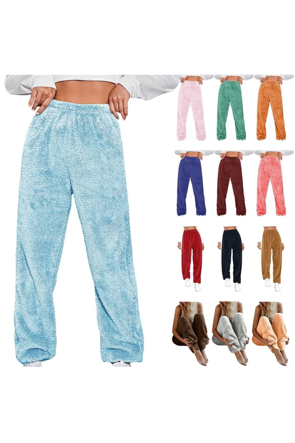 Womens Plush Fuzzy Pajama Pants Soft Comfy Fleece Pj Lounge Pant Elastic High Waisted Pajamas Bottoms, Sky Blue, XL