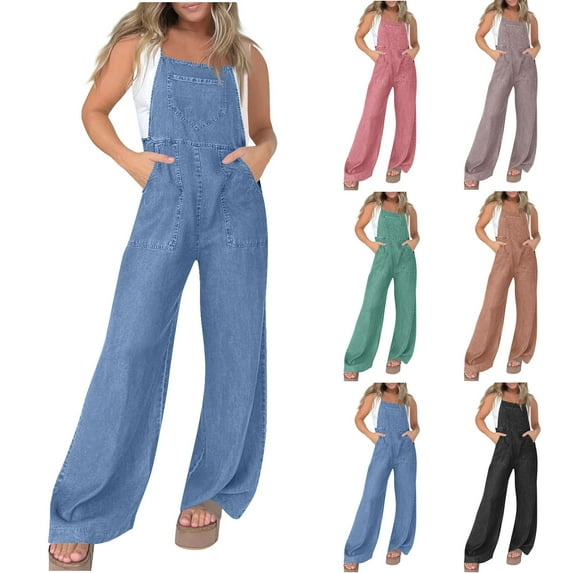QATAINLAV Women's Denim Bib Overalls Casual Loose Adjustable Straps Wide Leg Jean Jumpsuits Solid Color Onesie Jeans Work Clothes Pink L Birthday Gifts