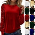 thumbnail image 1 of QATAINLAV Women's Dressy Sequin Patchwork Velvet Blouse Long Sleeve Loose Crewneck Going Out Tops Casual Party Tee Shirts, Blue, XL, 1 of 9