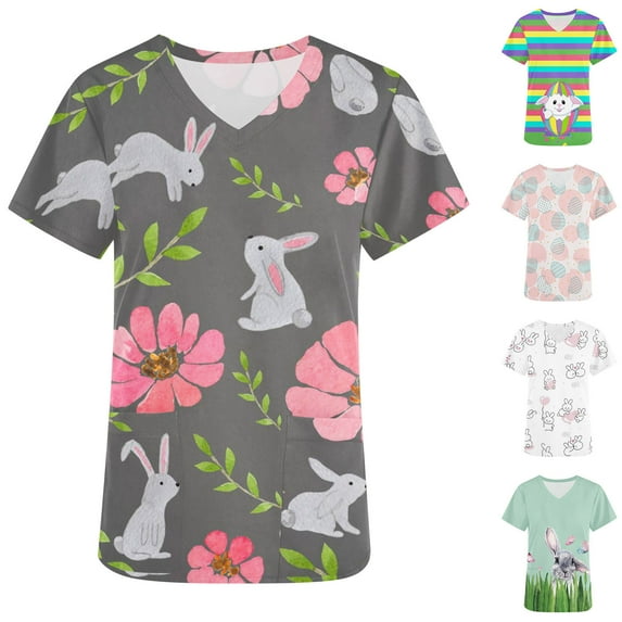 QATAINLAV Women's Easter Scrub Tops Funny Bunny Egg Printed Scrubs Short Sleeve V Neck Medical Uniform with Pockets Today's Sales Pink XL