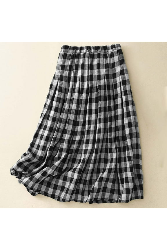 Women's Elastic High Waist Plaid Skirts Casual Tiered Swing A Line Midi Skirt Linen Beach Vacation Clothes, Black, M, Gifts for Mom