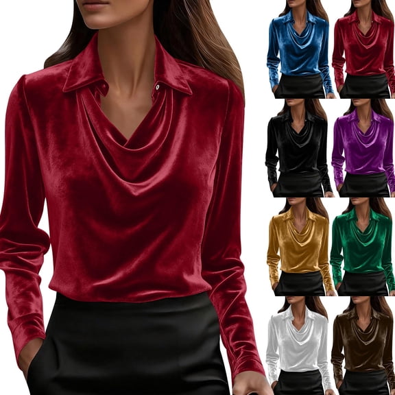 QATAINLAV Women's Elegant Cowl Neck Velvet Blouses Solid Color Casual Long Sleeve Shirts Dressy Office Work Tops, Yellow, L