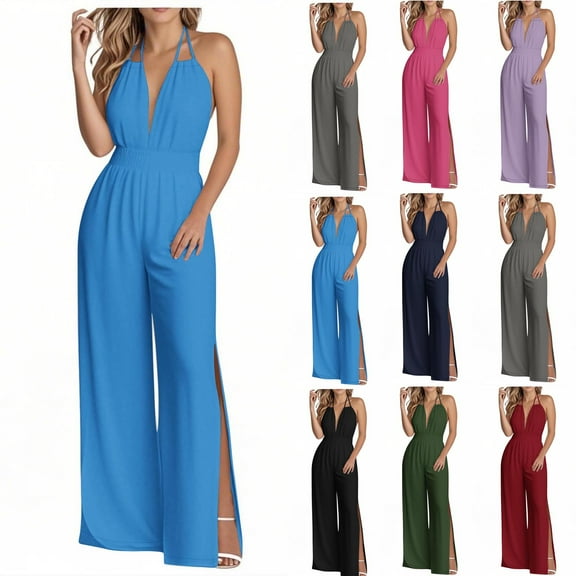 QATAINLAV Women's Elegant Open Back Jumpsuits Dressy Pleated Halter V Neck Sleeveless Wide Leg Pants Side Split Onesie Pants Wine S Mothers Day Gifts