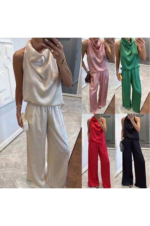 Women's Elegant Two Piece Outfits Casual Cowl Neck Silk Satin Tank Tops Matching Wide Leg Pants Vacation Lounge Sets Black S