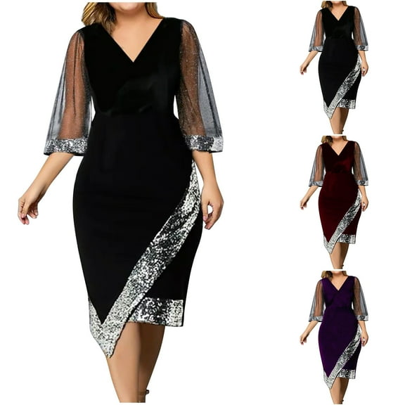 QATAINLAV Women's Elegant V Neck Wrap Dress Fashion Sequin Glitter Formal Evening Party Midi Dresses Mesh Half Sleeve Irregular Wedding Guest Dress Holiday Sales Purple M