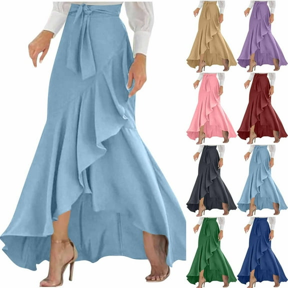 QATAINLAV Women's Elegant Wrap Maxi Skirt Tied High Waisted Asymmetrical Ruffle Hem Long Skirts Prom Party Formal Evening Clothes, Navy, XL, Mother's Day Gifts