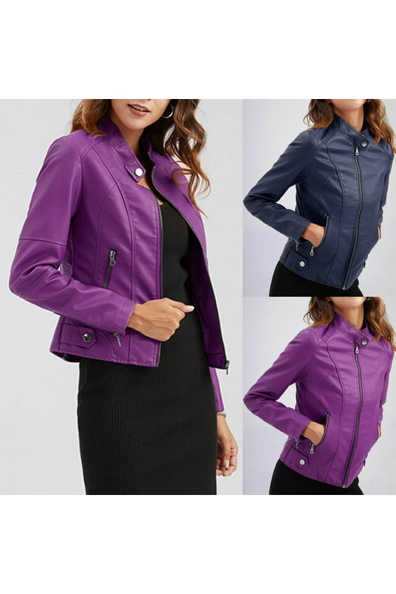 Women's Fall Faux Leather Jackets Casual Moto Biker Motorcycle Short Jacket Fashion Long Sleeve Zipper Outwear, Purple, XXL