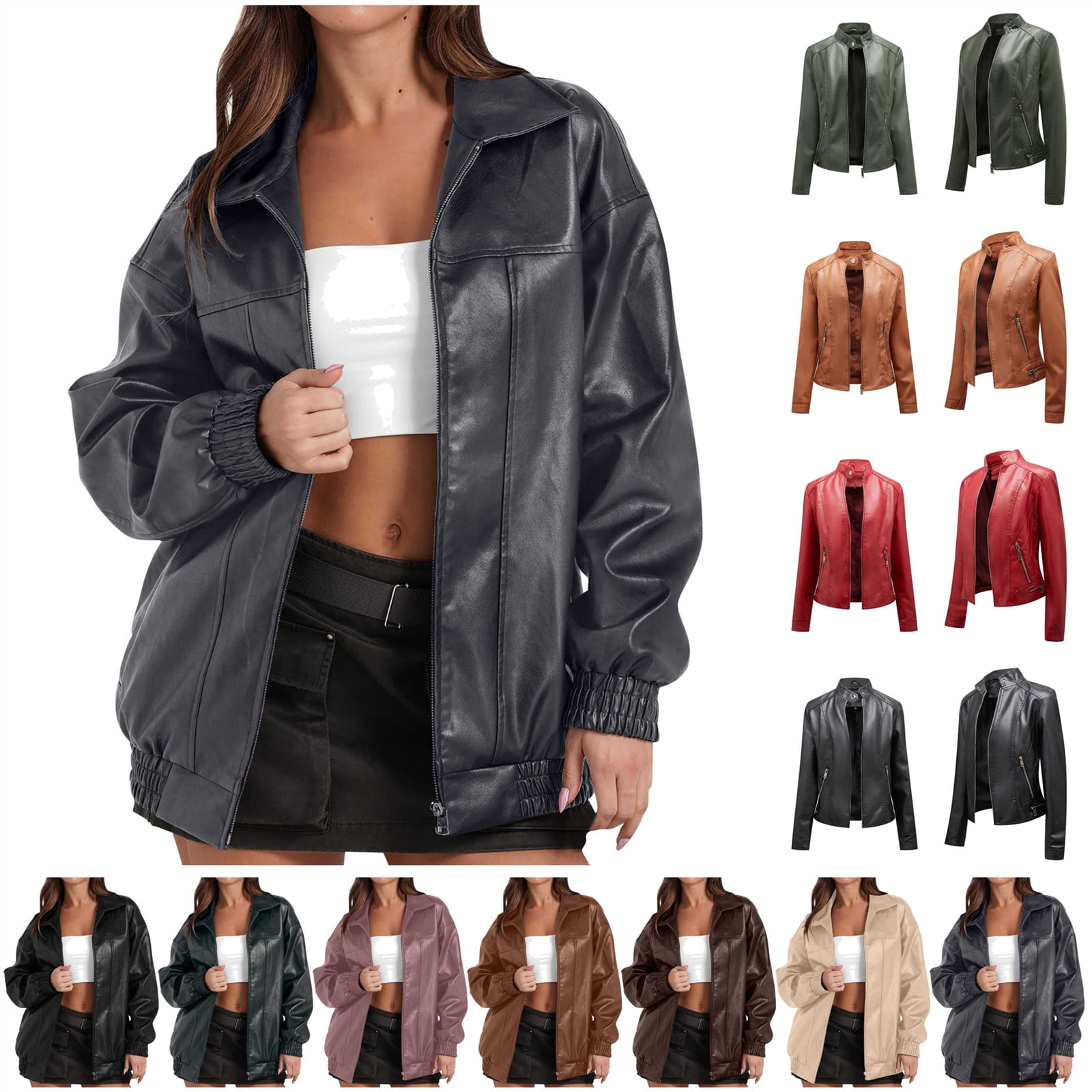 QATAINLAV Women's Fashion Faux Leather Motorcycle Jackets Casual Zipper Long Sleeve Short Coat Streetwear, Army Green, XXL
