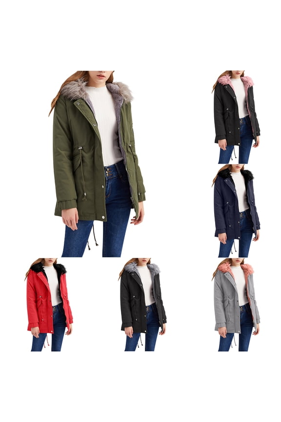 Women's Faux Fur Hooded Parka Coat Warm Winter Thicken Fleece Lined Long Jacket Solid Casual Parkas with Pockets, Navy, M