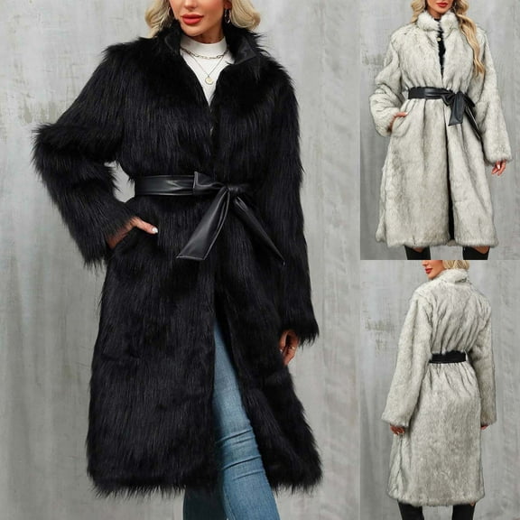 QATAINLAV Women's Faux Fur Parka Coat Elegant Open Front Trench Coats Furry Shaggy Warm Long Winter Jacket with Pockets, Gray, M