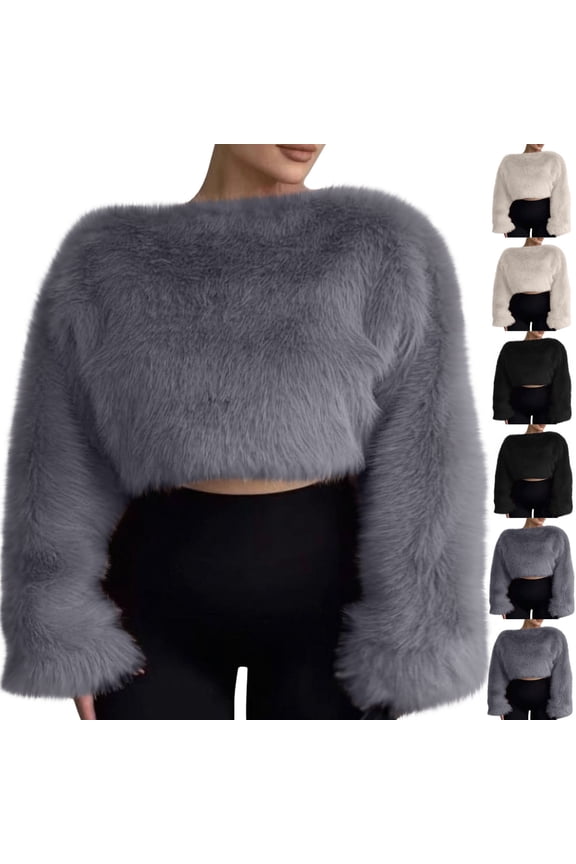 Women's Faux Fur Shirts Furry Soft Pullover Casual Loose Long Sleeve Cropped Tops Fashion Clothes, Pink, M