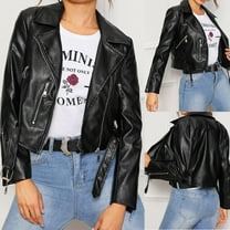 QATAINLAV Women's Faux Leather Jackets Casual Long Sleeve Zip Up Motorcycle Cropped Jackets Slim Moto Biker Outwear, Black, S